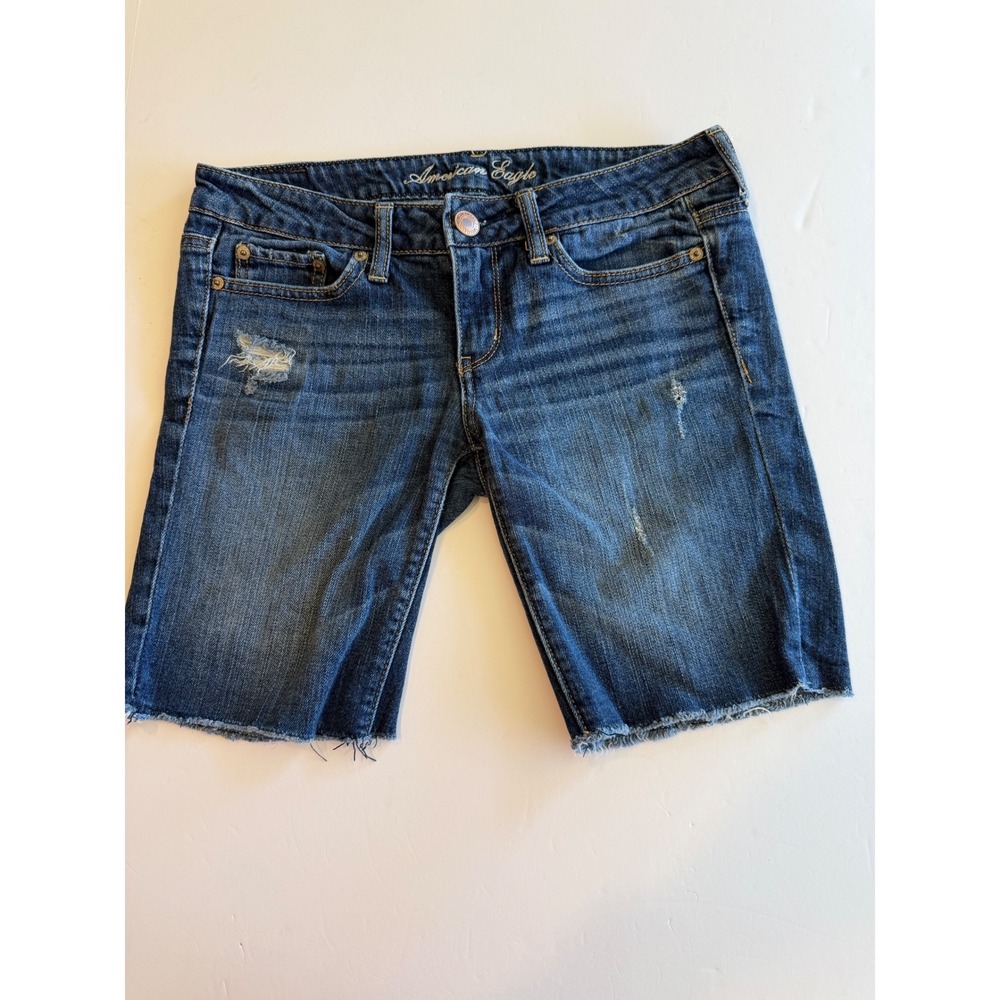 American Eagle‎ Stretch Bermuda Denim Shorts Dark Wash Cutoff Raw Hem Size 4